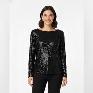Halogen NWT Full Sequins Long Sleeve Black Blouse Size XL
